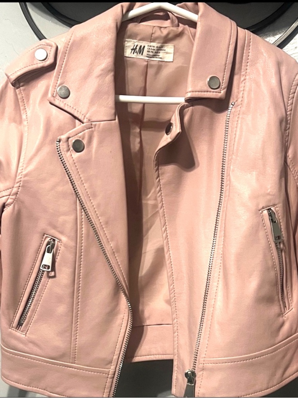 H&M Blush Pink Faux Leather Moto Jacket with Silver Hardware